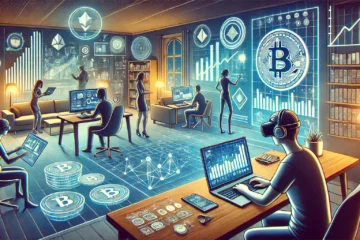 futuristic illustration of people working online in a modern home environment in 2025