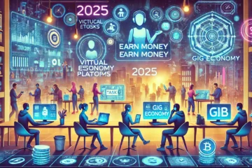 futuristic illustration showcasing various methods to earn money by completing tasks in 2025. The scene includes a vibrant digital environment