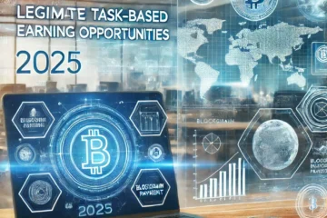 digital workspace with a laptop displaying 'Legitimate Task-Based Earning Opportunities 2025